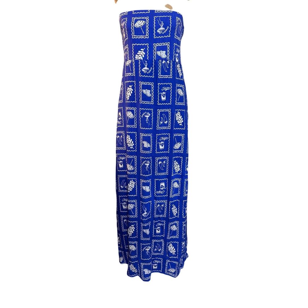 Paper Heart Maxi Dress Strapless Blue Linen Blend White Stamp Print size Medium - Picture 3 of 7